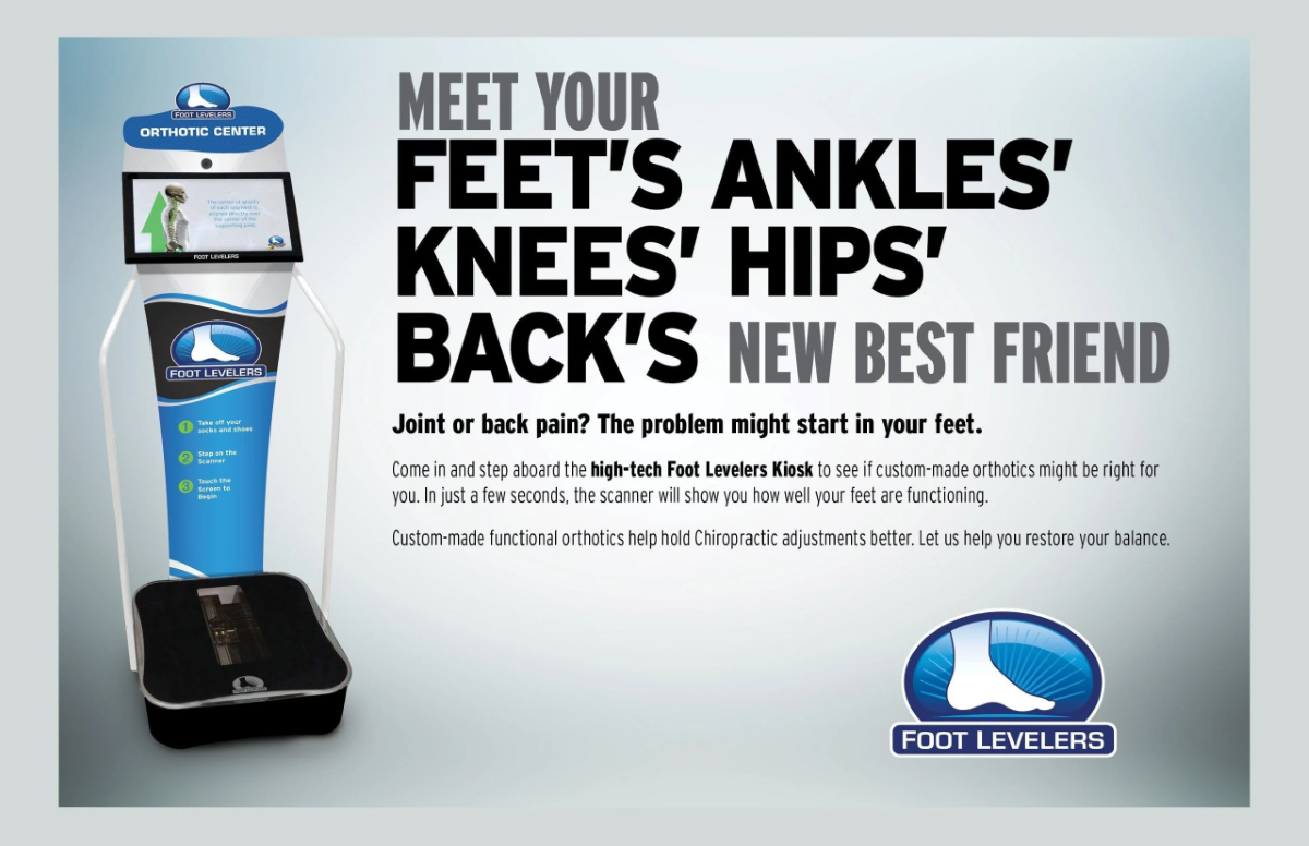 an advertisement for foot levelers that says meet your feet 's ankles knees hips back 's new best friend