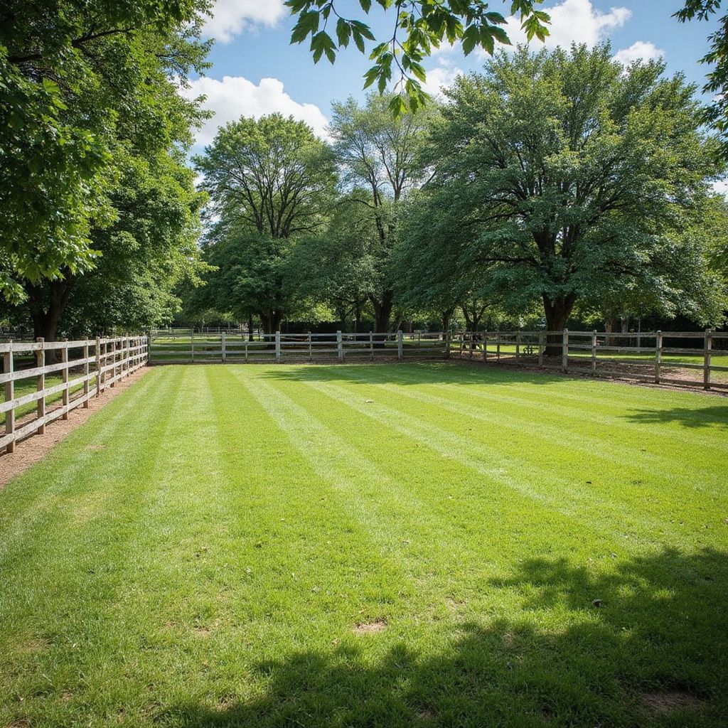 Lush green lawn bordered by a wooden fence, with mature trees under a blue sky with clouds.