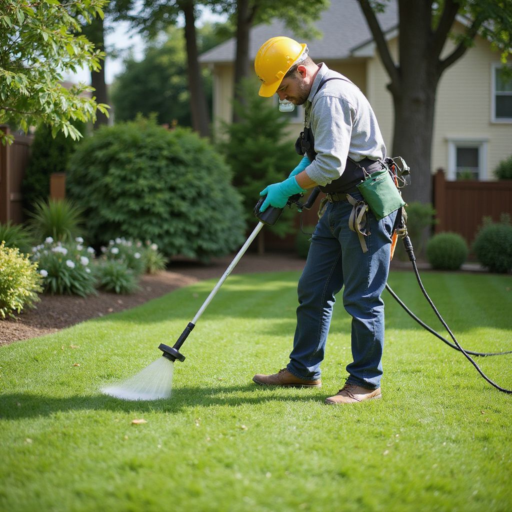 Man in a hard hat spraying lawn with a hose in a backyard.