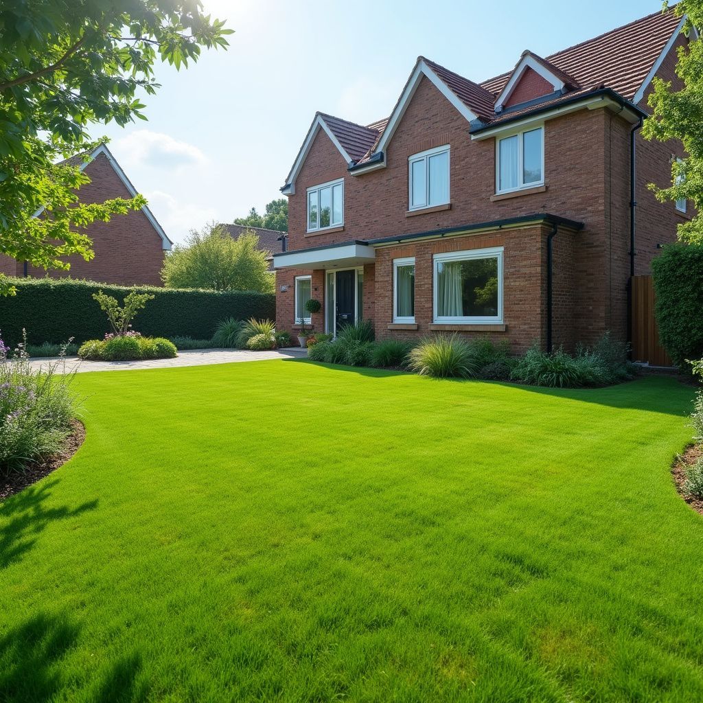 A brick house with a well-manicured lawn and a sunny day.