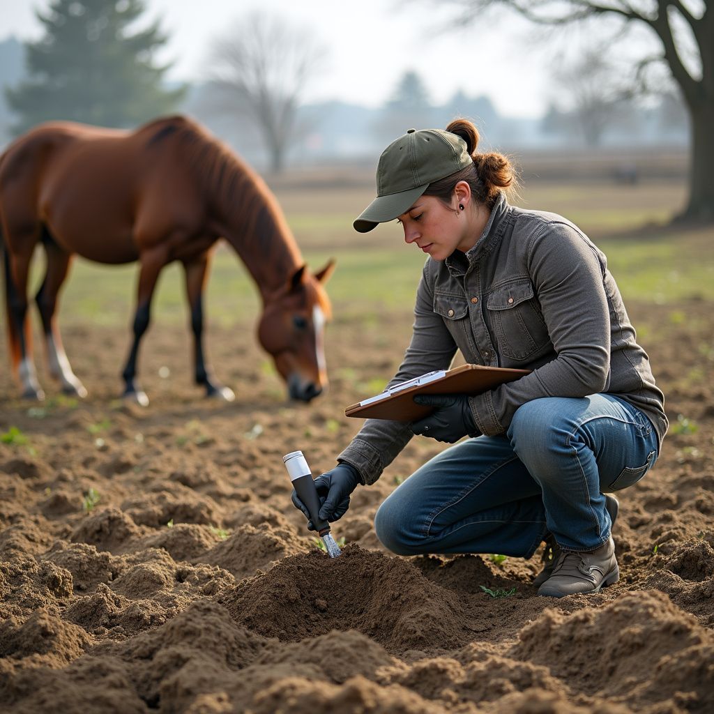 Woman kneeling, taking soil sample, horse grazing in field.