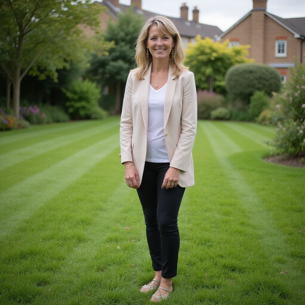 Woman in cream blazer, white shirt, and black pants stands on green lawn in front of houses.