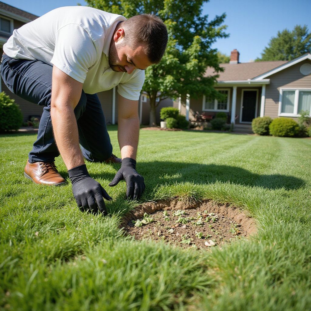 Man in a yard, kneeling, planting something in a hole he dug. Green grass, house in background.