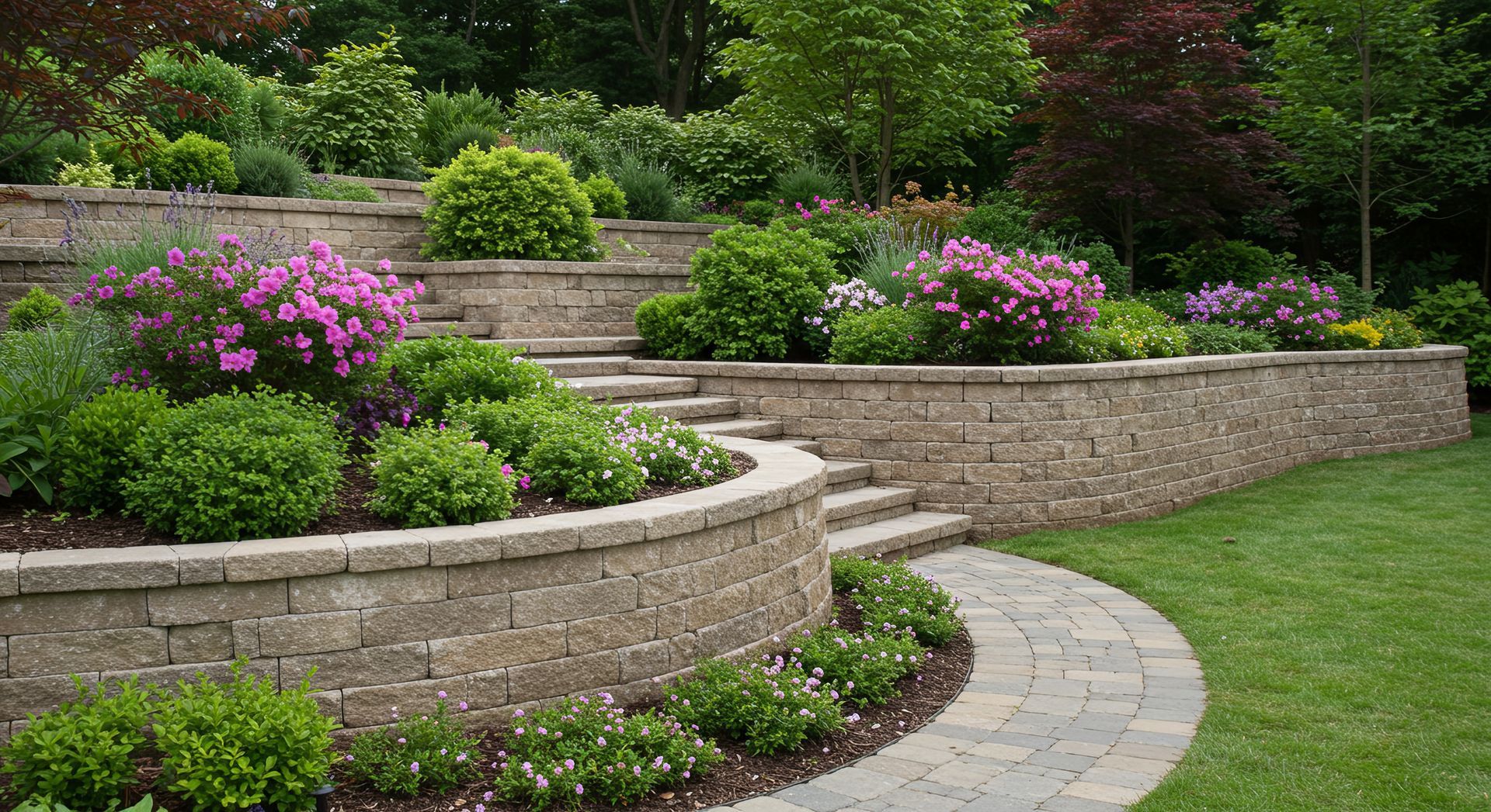 Tiered backyard retaining walls with plants and a green lawn beside a wooden fence. Tiered backyard retaining walls with plants and a green lawn beside a wooden fence.