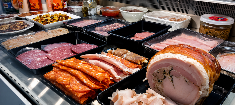 Assortimento di carni crude e cotte esposte in vassoi al banco di una macelleria o di una gastronomia.