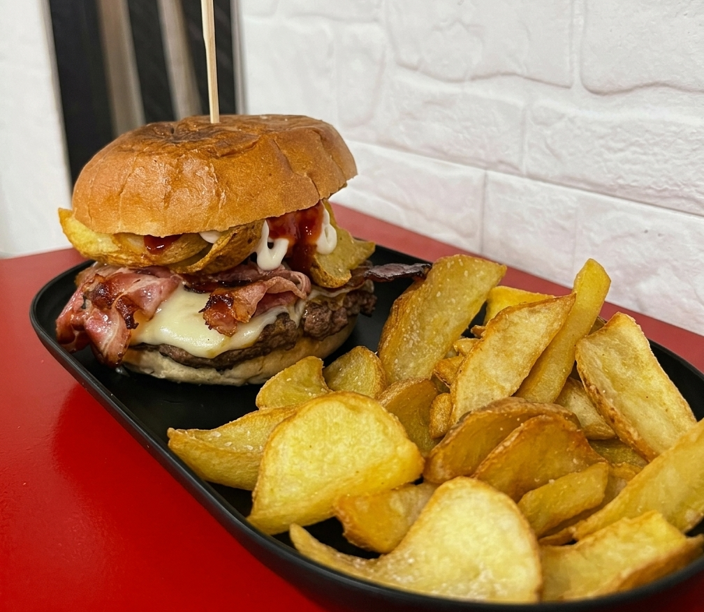 Cheeseburger con pancetta e patatine fritte tagliate spesse, servito su un piatto nero e un tavolo rosso.