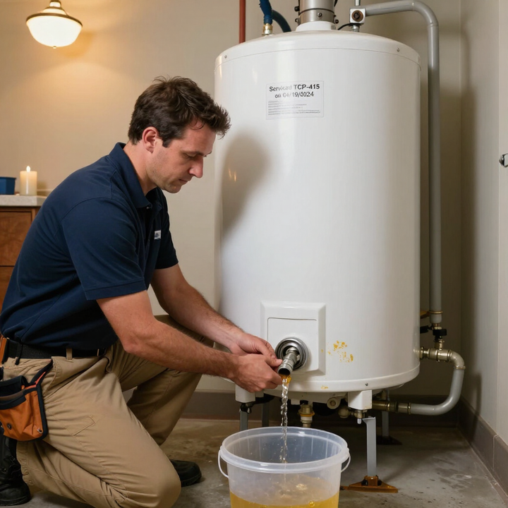 Technician flushing water heater during annual maintenance
