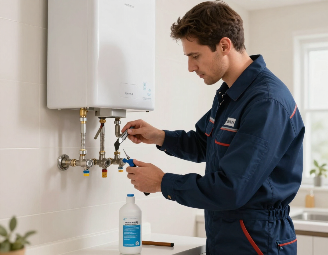 Plumber performing annual descaling maintenance on a tankless water heater