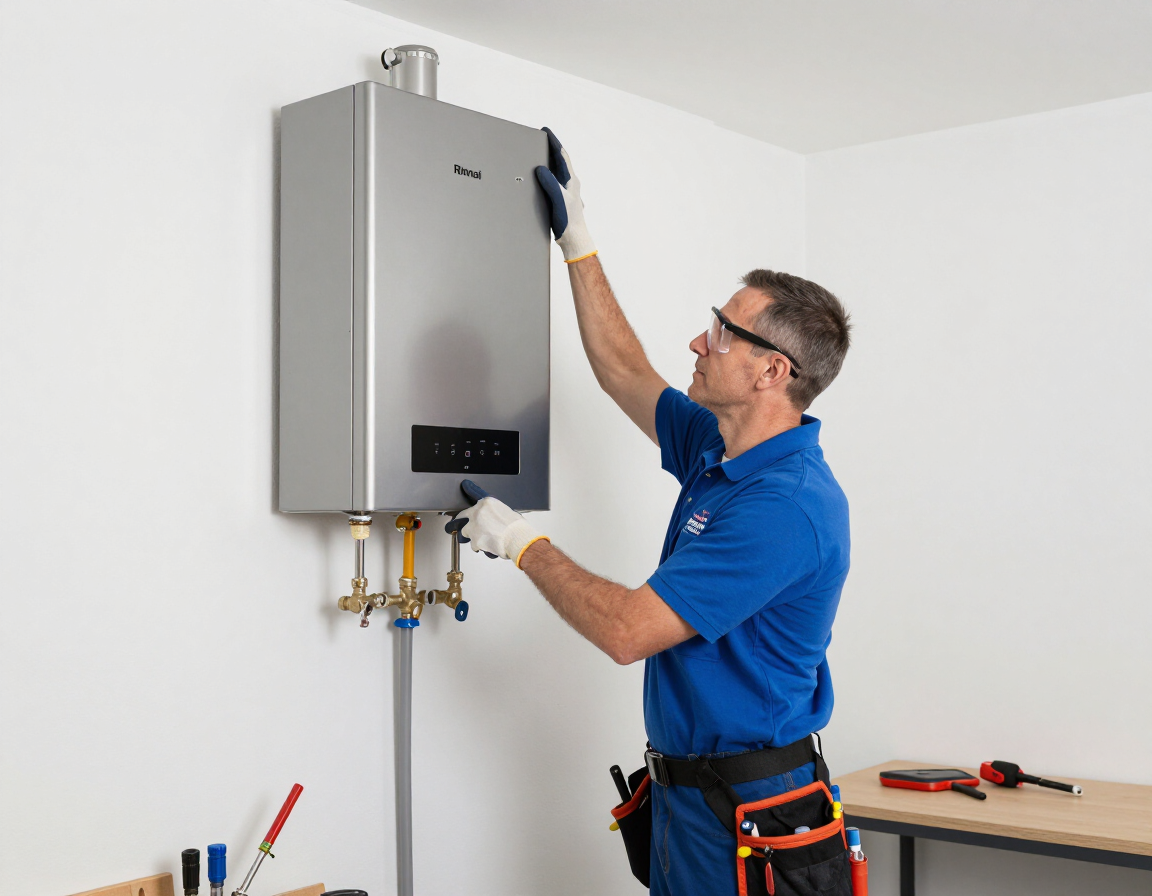 Professional technician installing a tankless water heater on wall