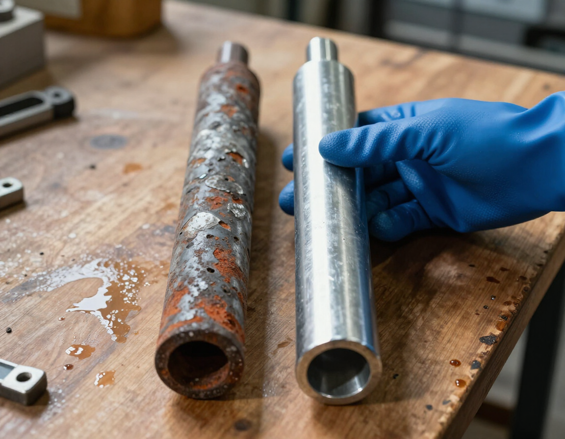 Corroded vs new anode rod comparison