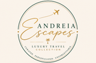 Andreiá Escapes travel logo in gold and black with a small airplane and circular border