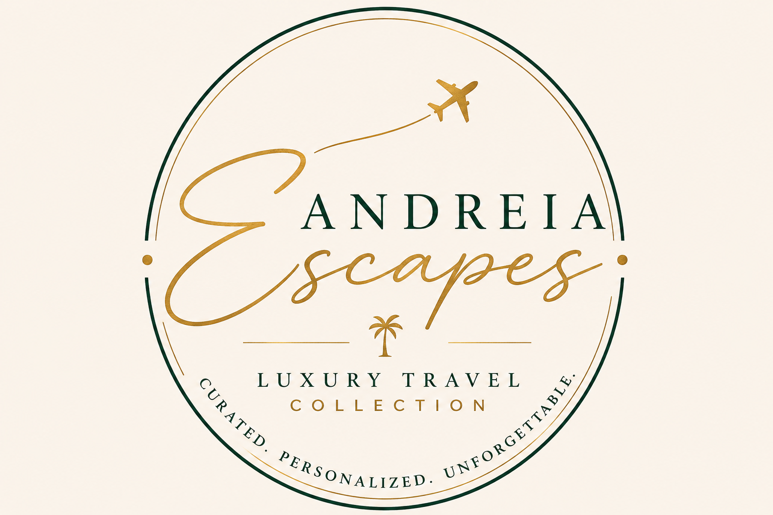 Andrei&aacute; Escapes travel logo in gold and black with a small airplane and circular border