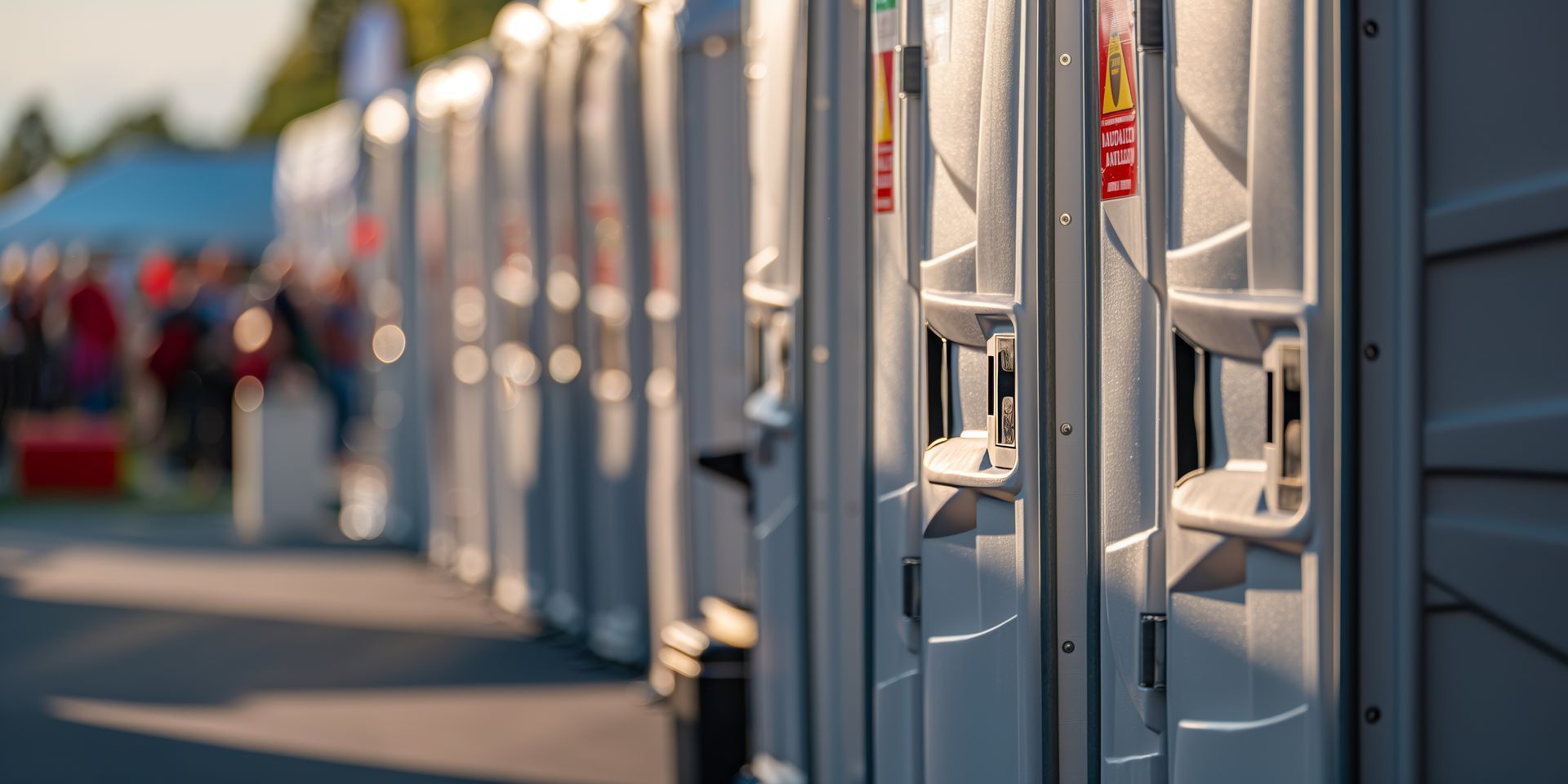 Row of portable restrooms lined up outdoors at an event.