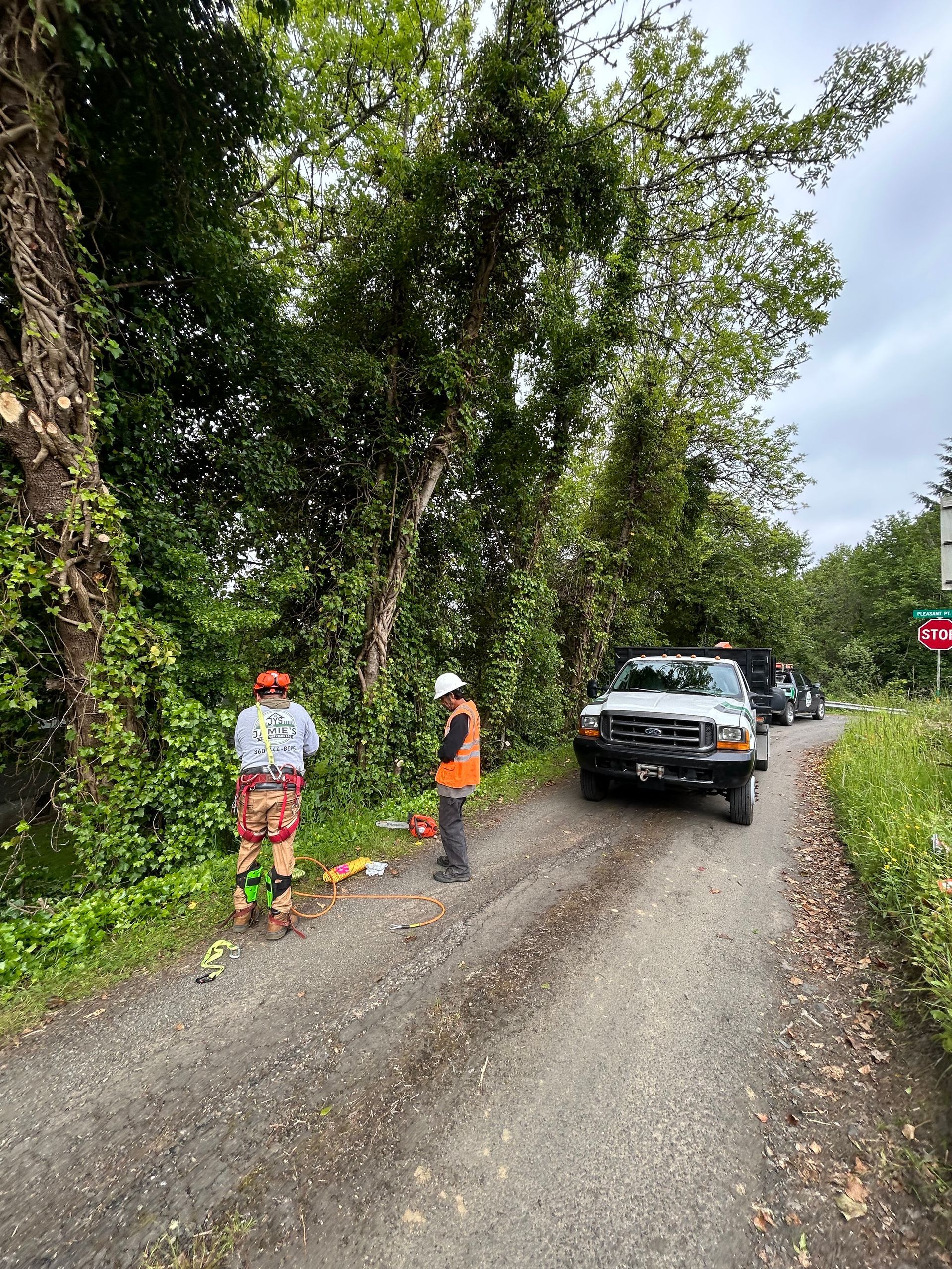 Two workers in orange vests stand by a muddy road beside a black pickup truck in a wooded area.