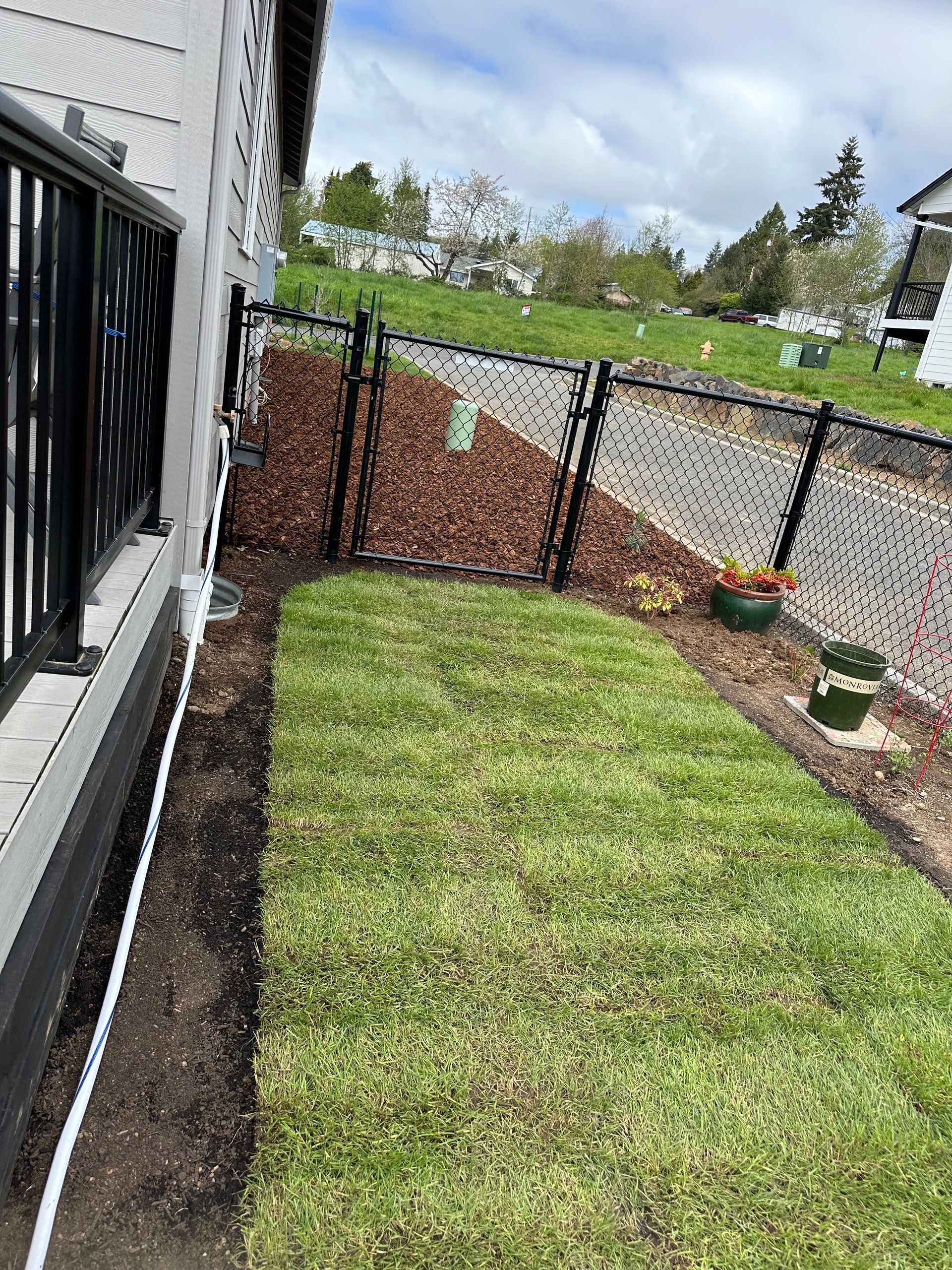 Narrow fenced backyard with a grassy lawn, potted plants, and a house wall on the left.