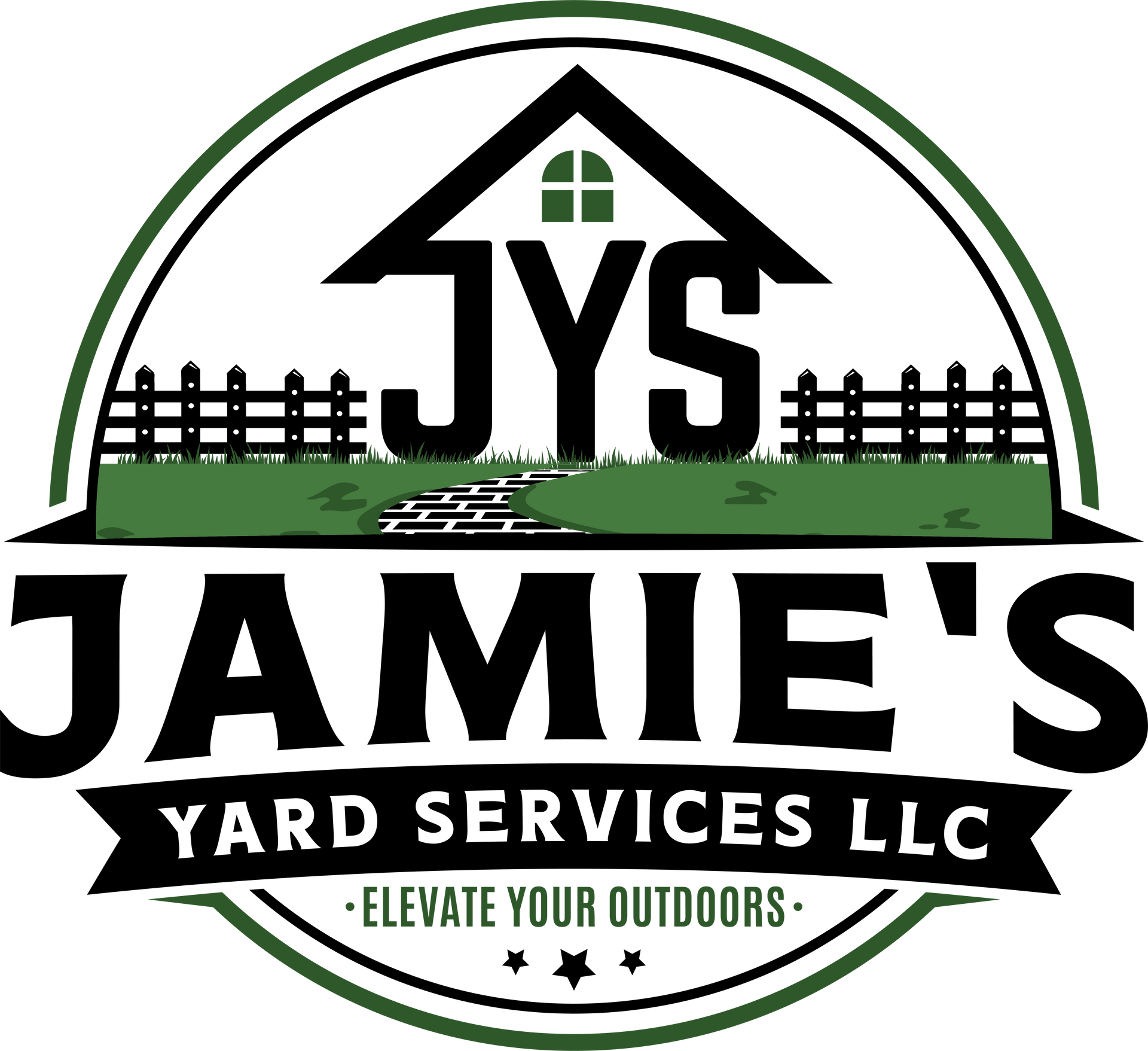 Jays Jamie’s Yard Services LLC logo in black, green, and white with lawn and house icon and “Elevate Your Outdoors” text
