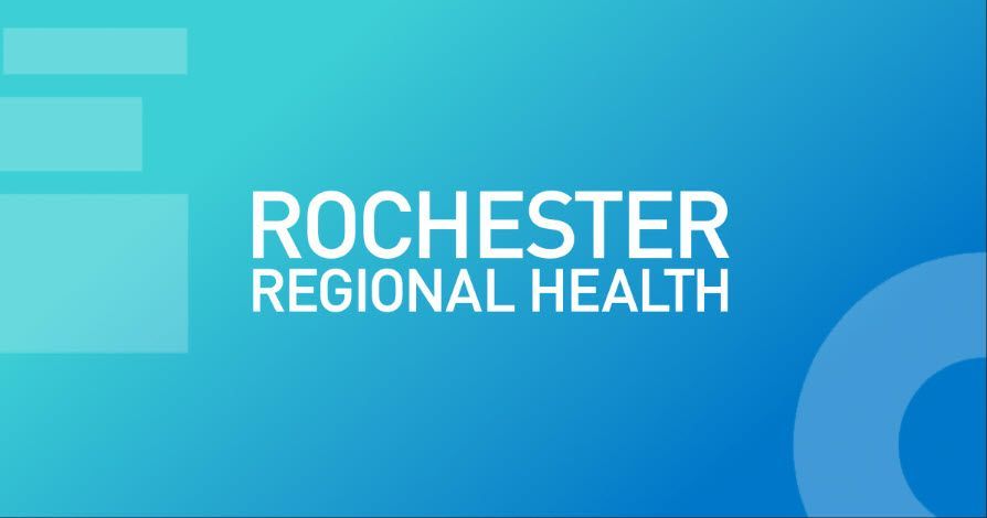 Rochester Regional Health logo on a blue gradient background with geometric accents