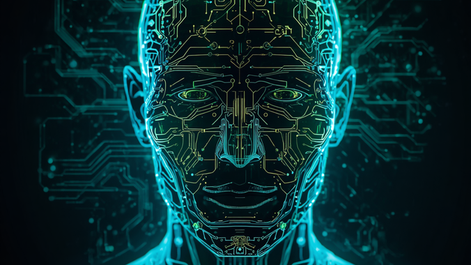Glowing cyan digital face made of circuit lines on a dark background, evoking AI technology