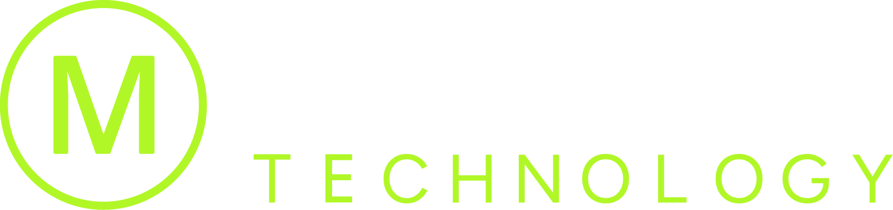 Green &ldquo;M TECHNOLOGY&rdquo; logo with a circled M and lime text on a white background