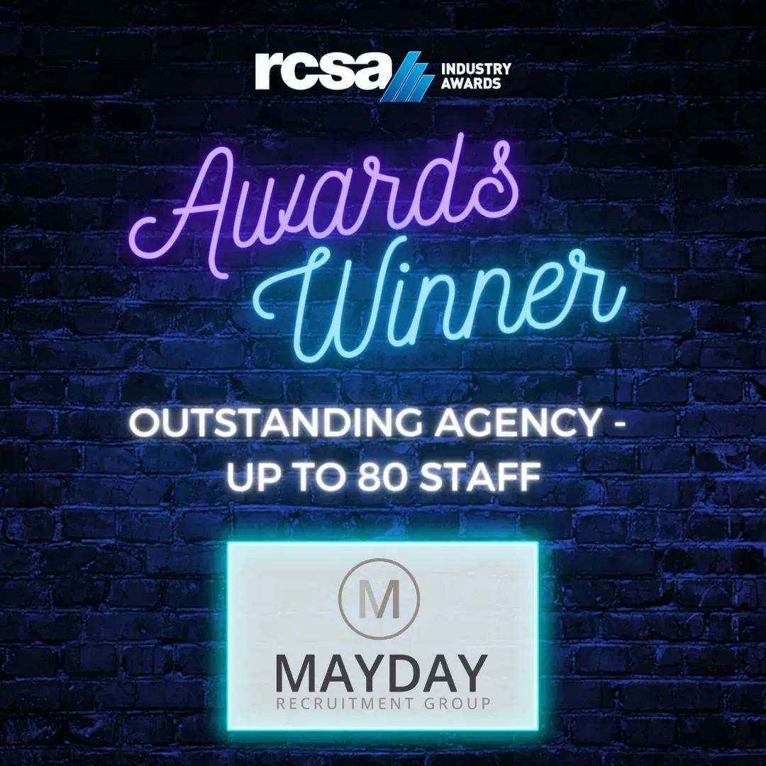 RCSA Awards Winner: Outstanding Agency up to 80 Staff, featuring MAYDAY Recruitment logo on neon brick background