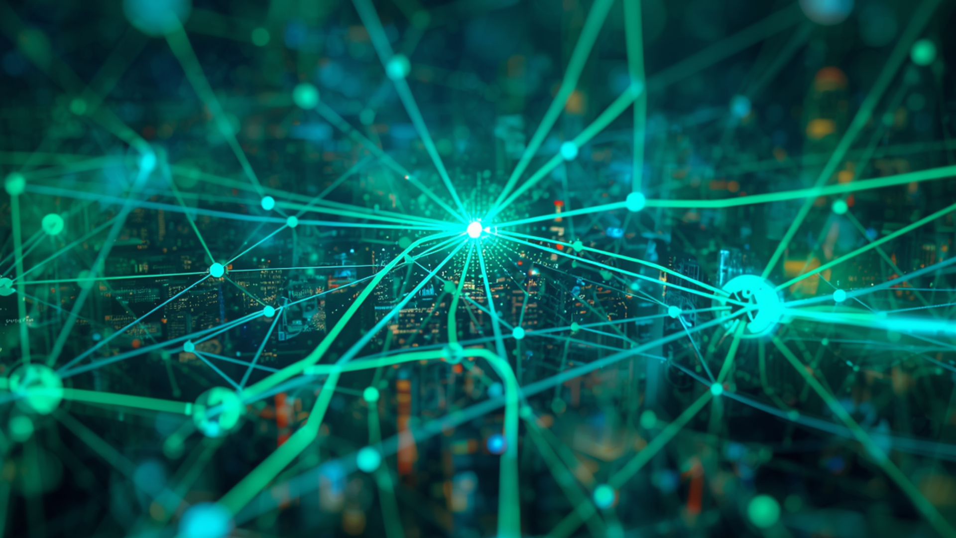 Abstract teal digital network with glowing nodes and connecting lines around a bright central hub