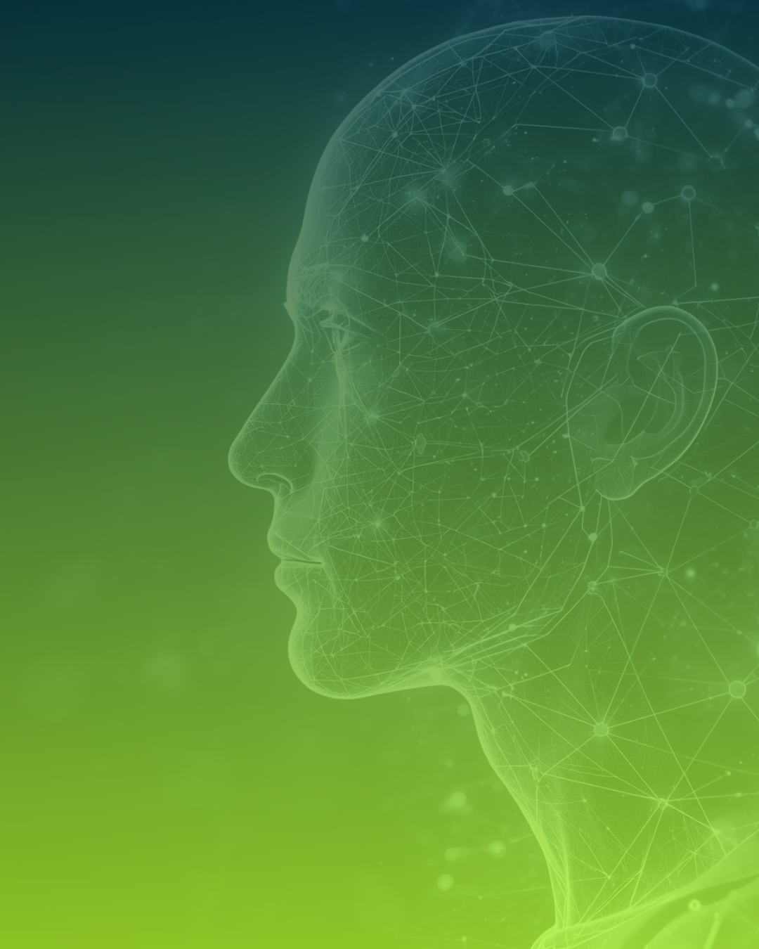 Green digital wireframe profile of a human head on a gradient background