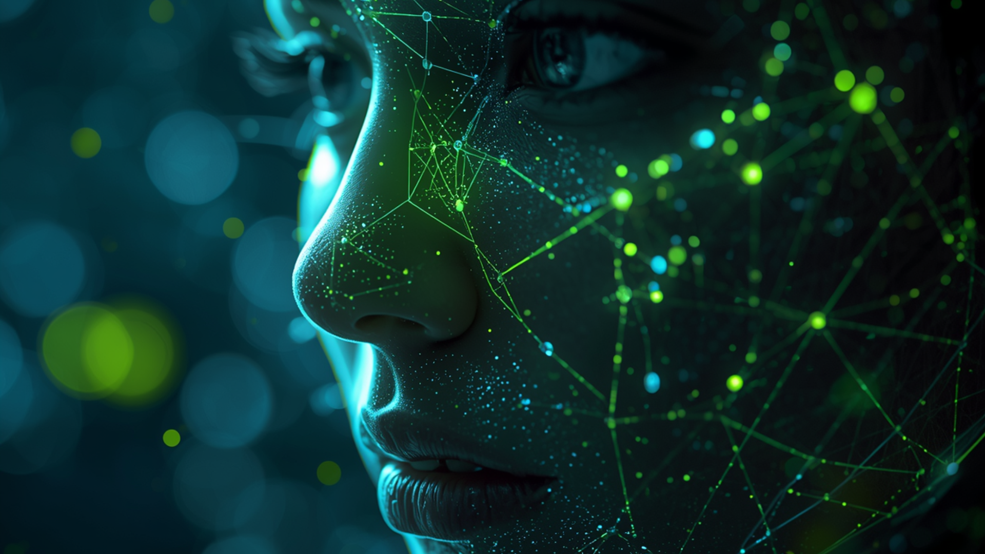 Abstract digital face in teal and green network lines with glowing nodes on a dark background