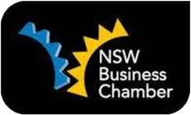NSW Business Chamber logo with blue and yellow abstract shapes on a black background