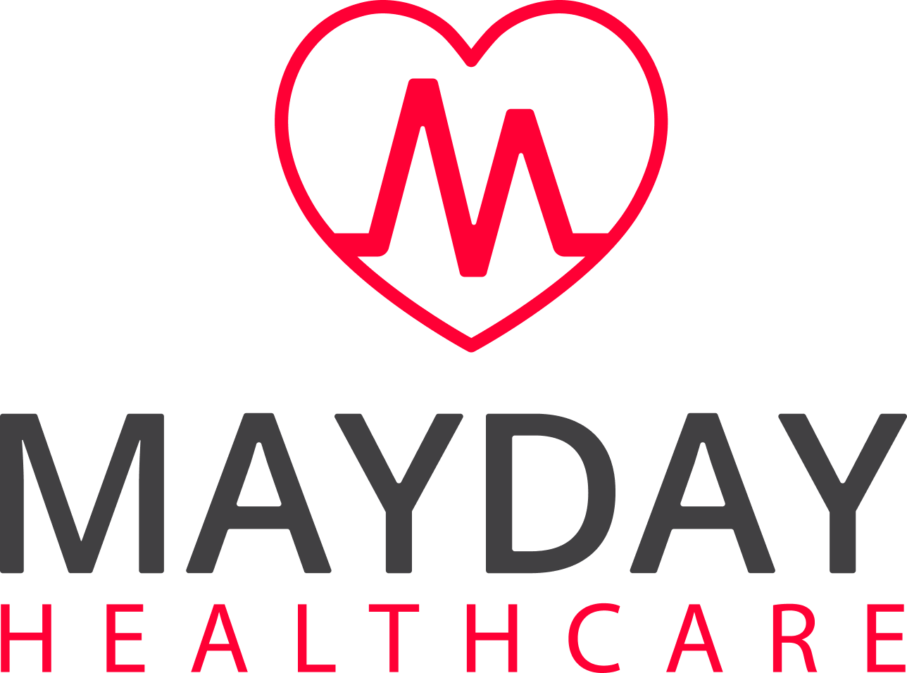 Mayday Healthcare logo with red heart and “M” above gray and red text