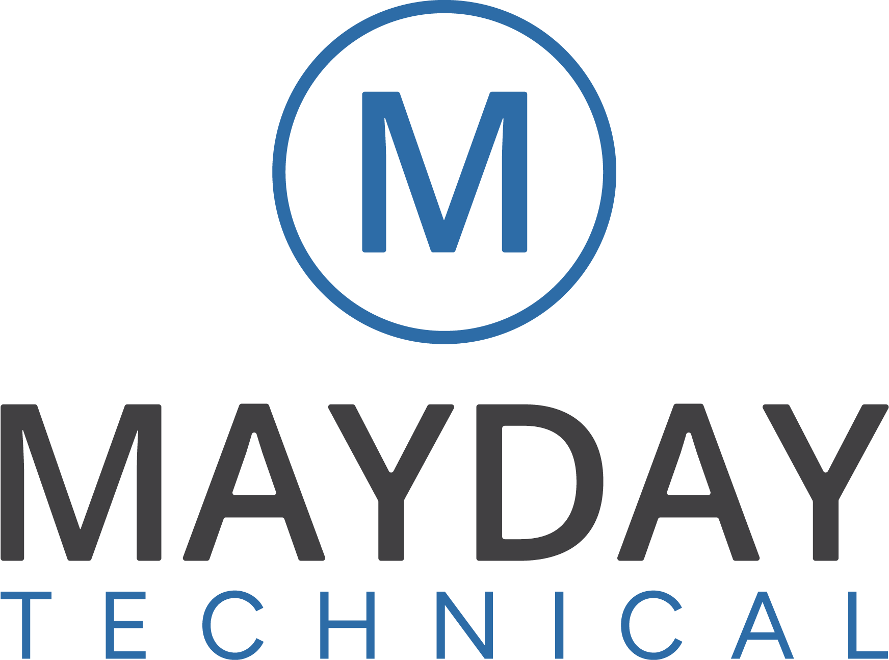 Mayday Technical logo with blue M in a circle above gray and blue text