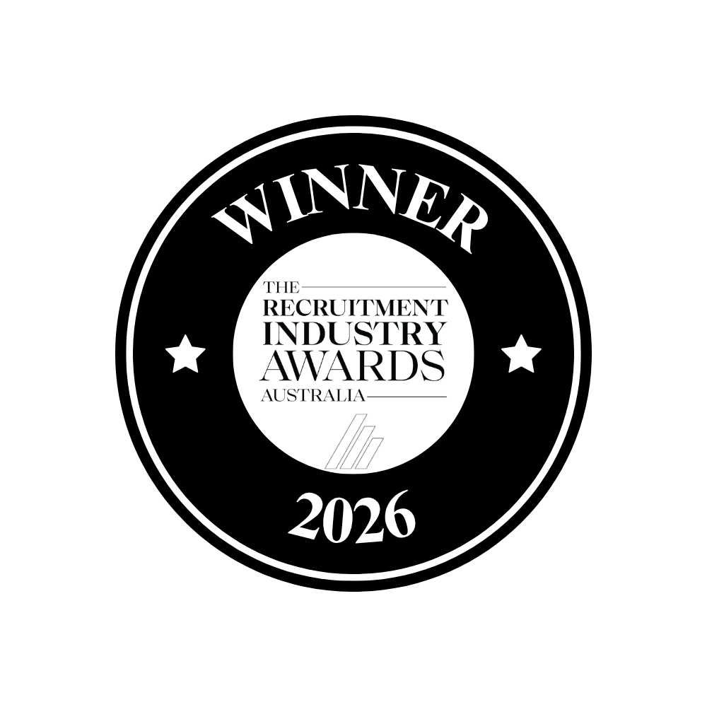Black award badge reading “Winner” and “Recruitment Industry Awards Australia 2026” with white stars