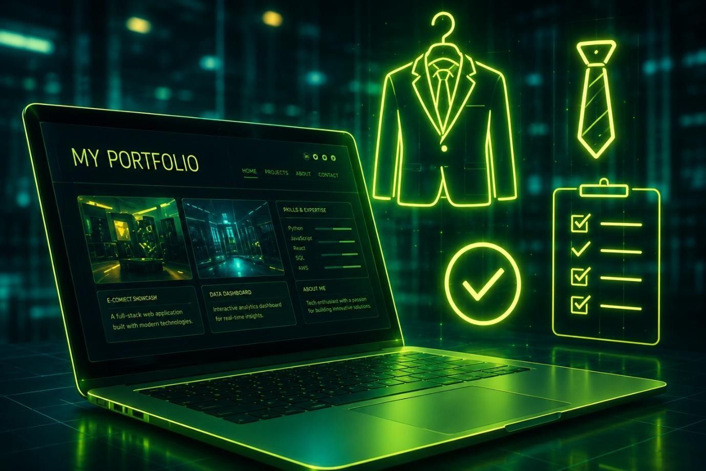 Neon green portfolio dashboard on a laptop with suit, tie, checklist, and checkmark icons
