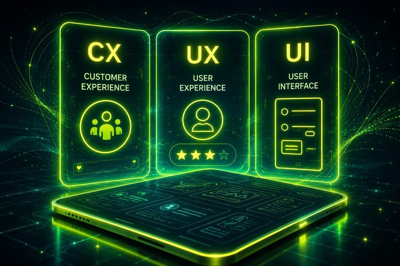 Neon green laptop with CX, UX, and UI panels glowing above it on a dark background