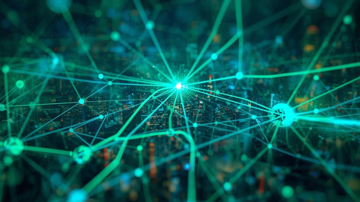 Abstract teal network of glowing nodes and connecting lines on a dark background