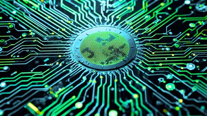 Glowing green microchip with circuit lines radiating across a dark tech background