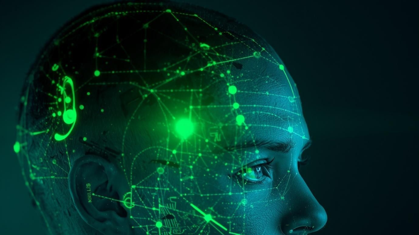 Glowing green digital human face profile with circuitry and data network on a dark background