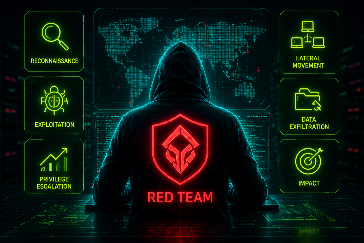 Hooded figure in neon cyberpunk interface with “RED TEAM” and security icons on both sides