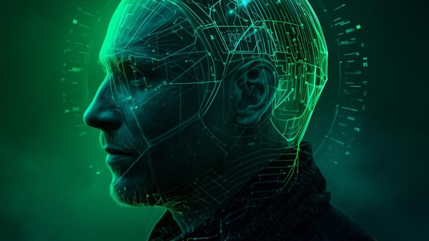 Green digital profile of a human head with glowing circuit-like lines on a dark background