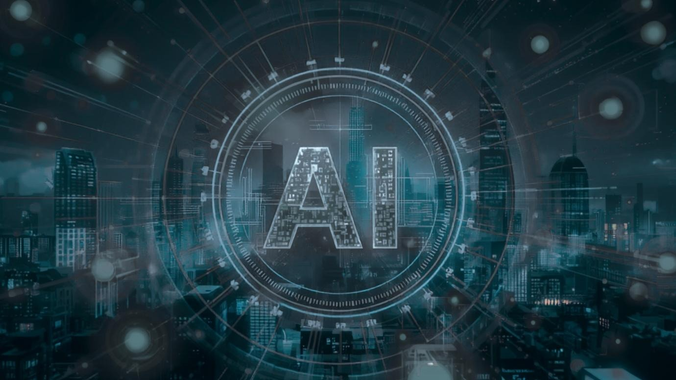 Glowing AI letters in a futuristic digital cityscape with blue circuitry and data overlays