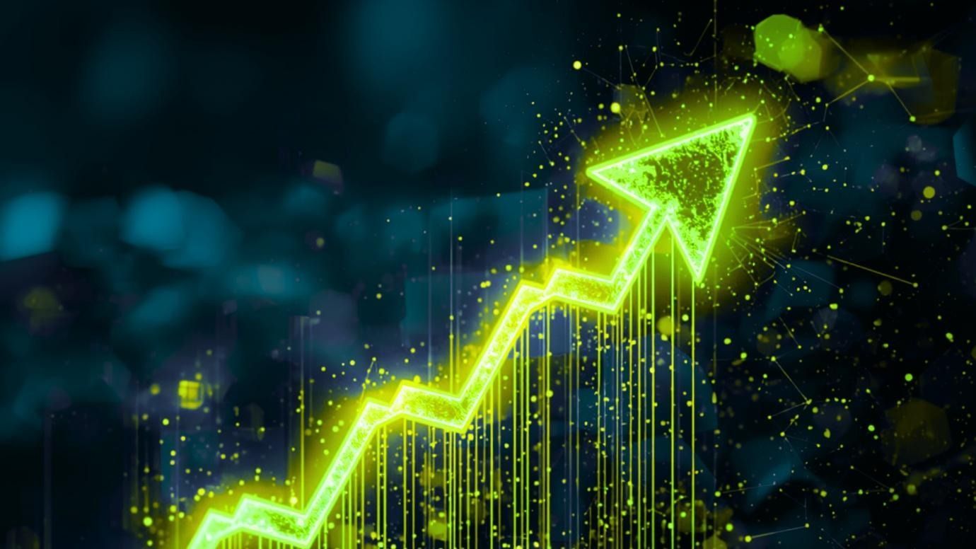 Bright neon green upward arrow over a glowing stock market chart on a dark background