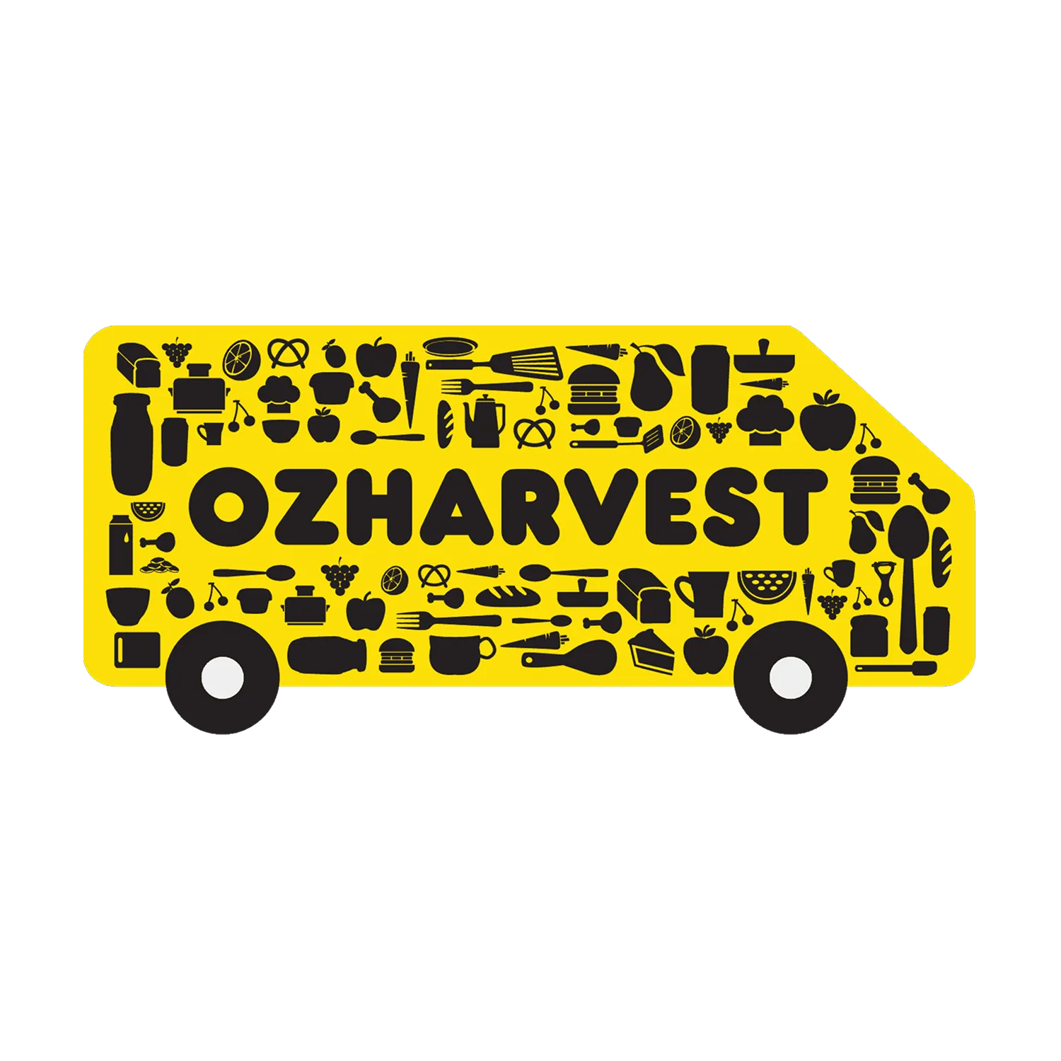Yellow OZHARVEST delivery van with black produce icons and logo text