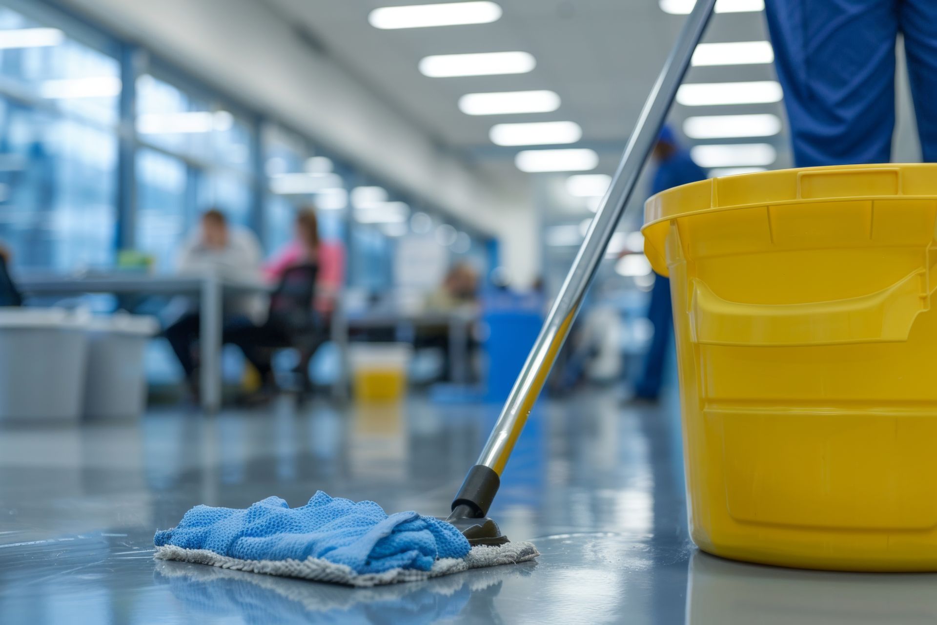 A person is cleaning the floor with a mop and bucket.