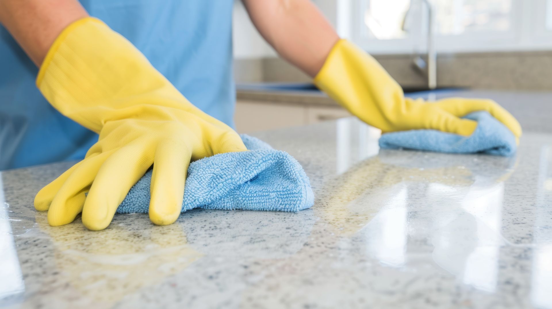 A person wearing yellow gloves is cleaning a counter with a cloth.