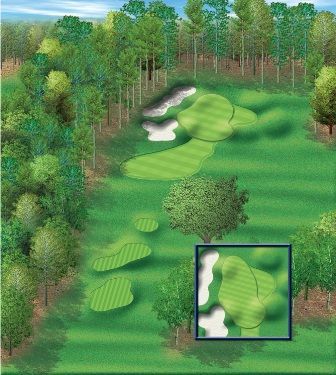 Golf course aerial view with a green and sand traps highlighted in a blue box.