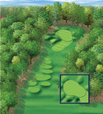 Golf course illustration: fairway with tiered greens, leading to a larger green surrounded by trees.