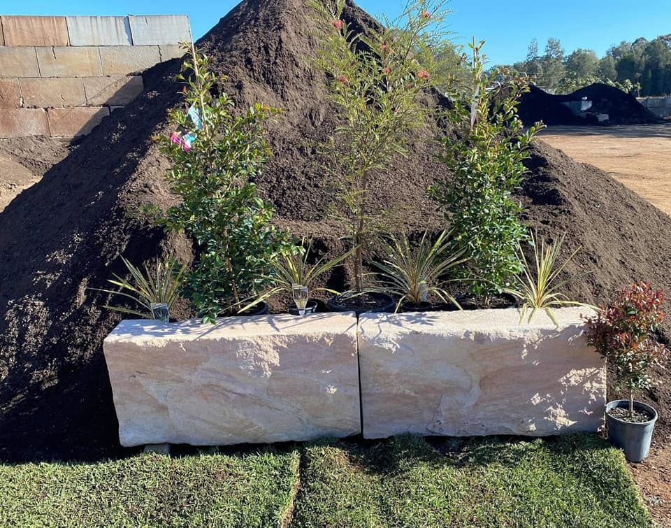 Sandstone Planter Box With Plants Set In Front Of A Dirt Mound and Sod — Port Landscape Supplies in Port Macquarie, NSW