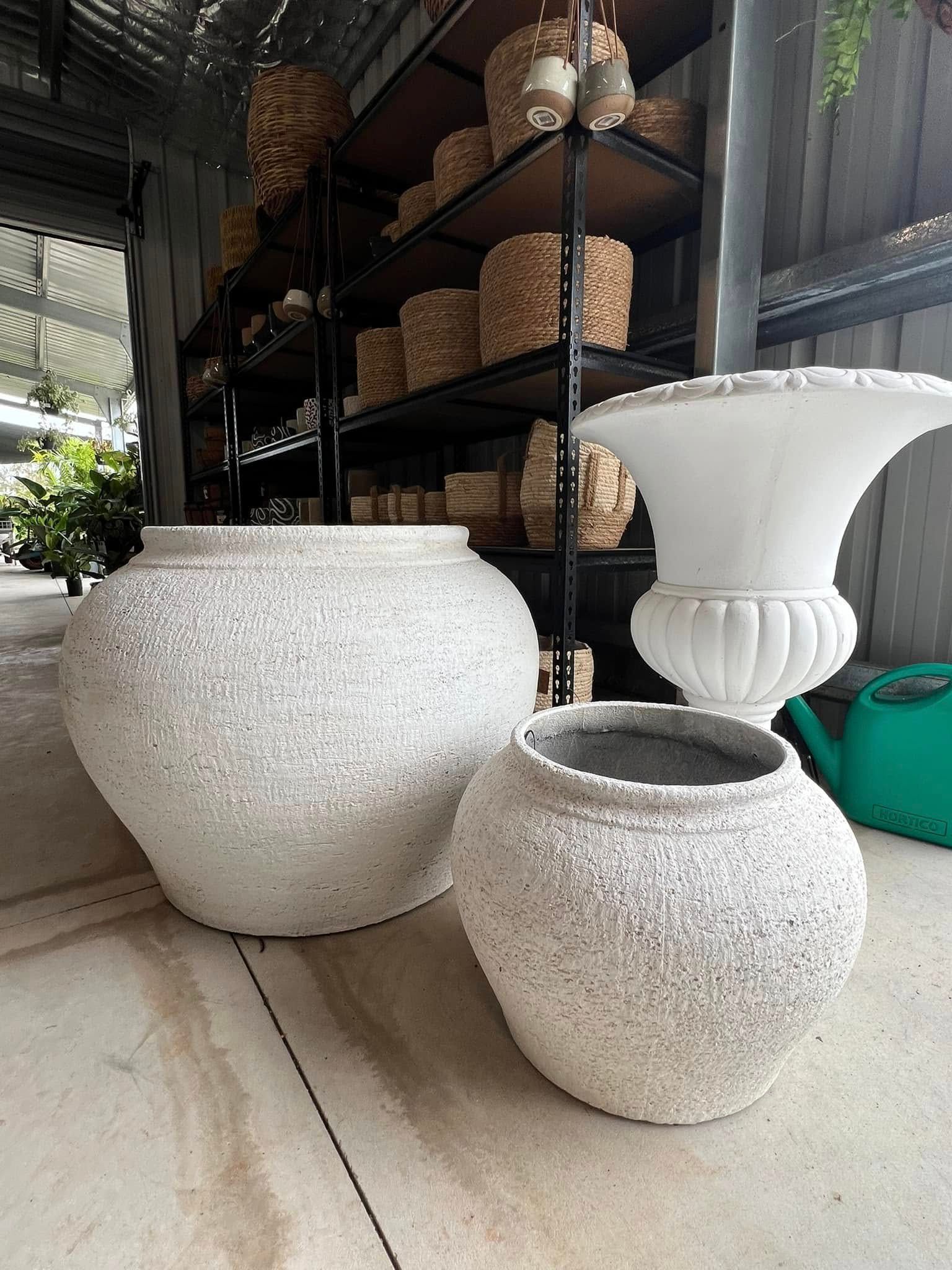 Three White Textured Pots Of Varying Sizes — Port Landscape Supplies in Wauchope, NSW