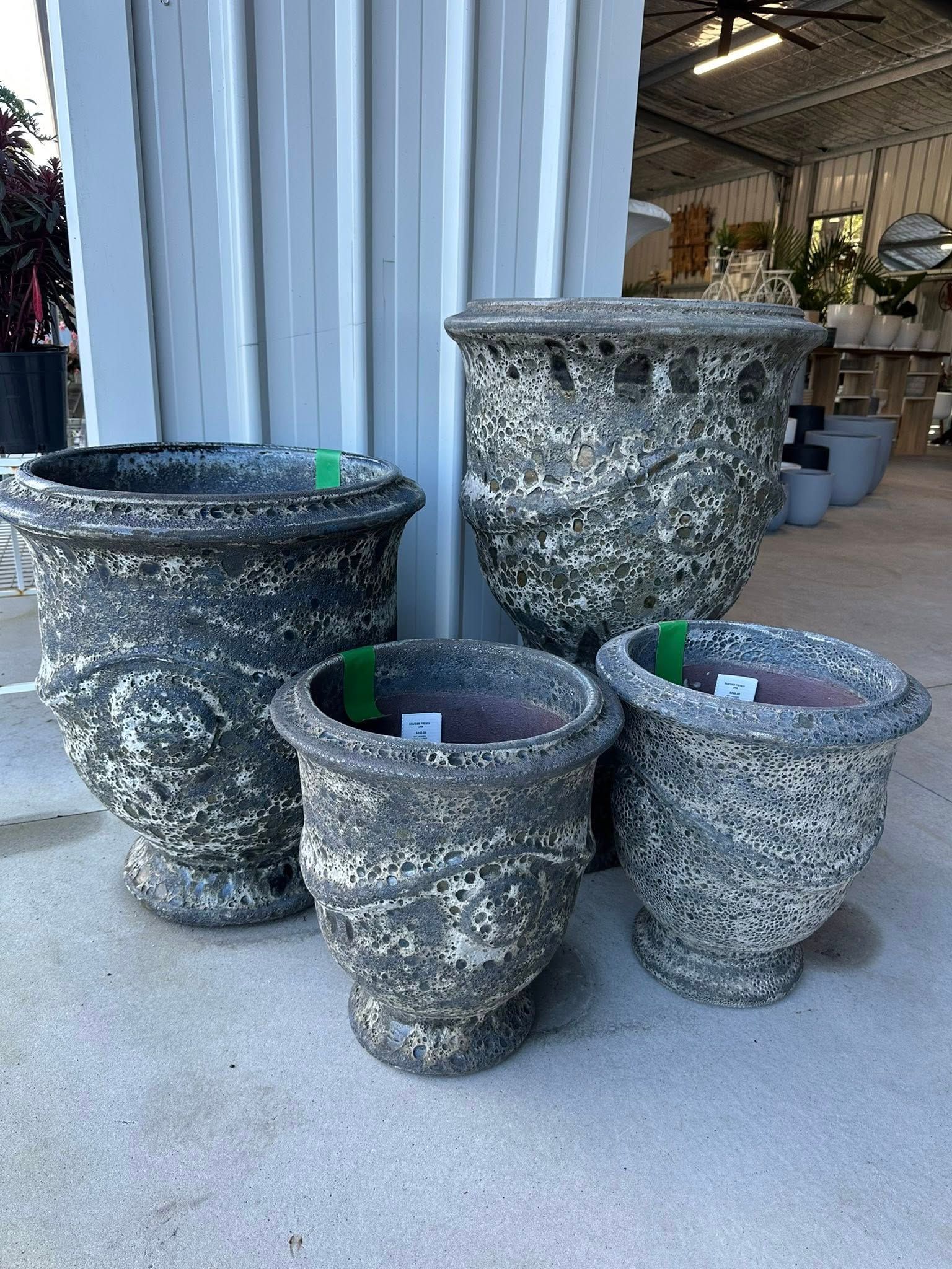 Four Ornate, Textured Planters of Varying Sizes, Grey-White Mottled Pattern — Port Landscape Supplies in Port Macquarie, NSW