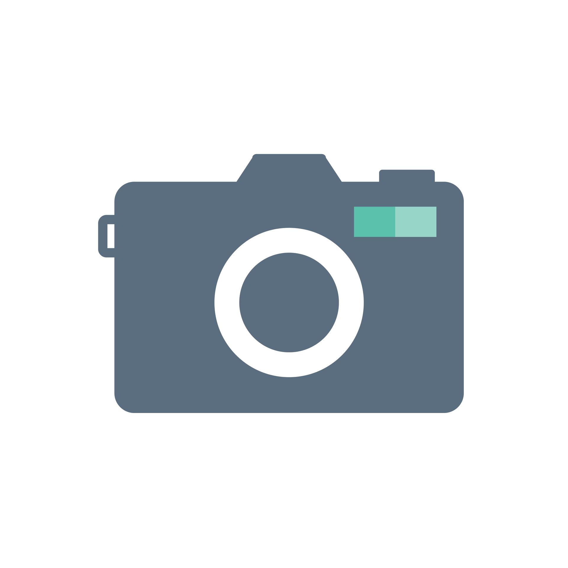 Gray camera icon with a white lens and teal accent on a light background