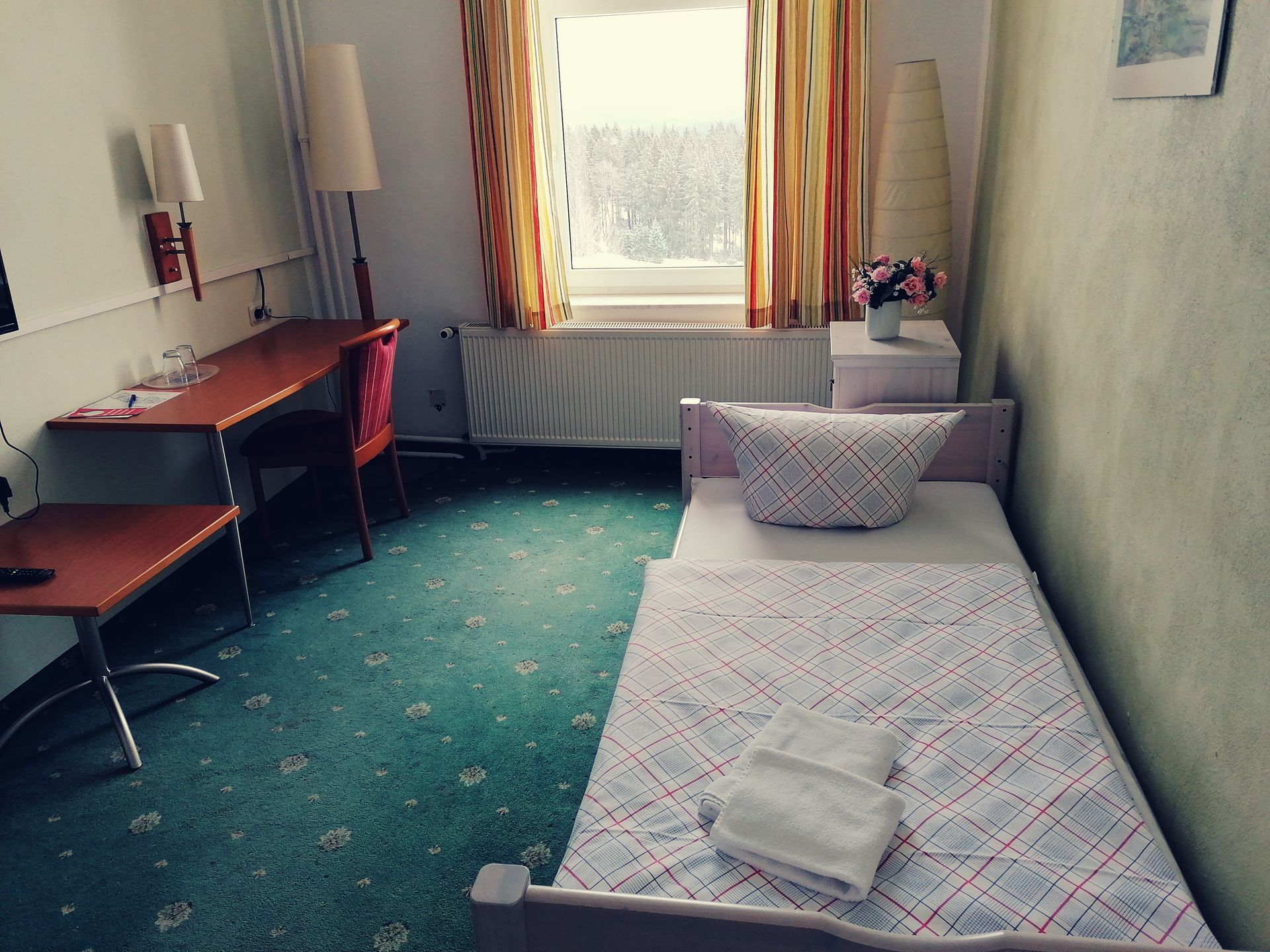 A bedroom with a single bed and a desk